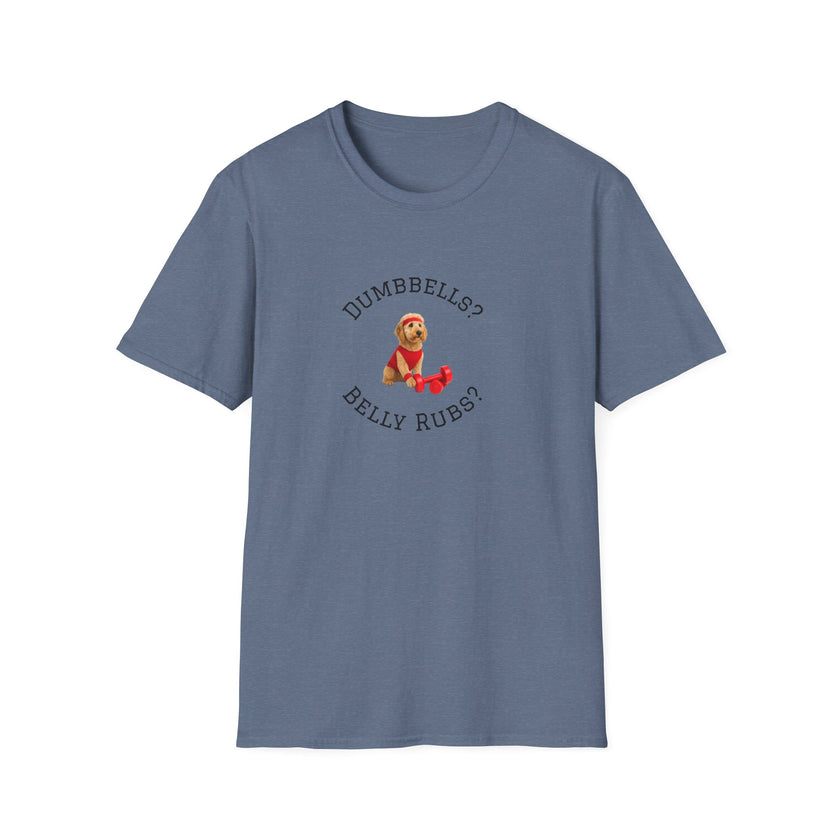 Blue t-shirt with a graphic of a dog and text on a white background