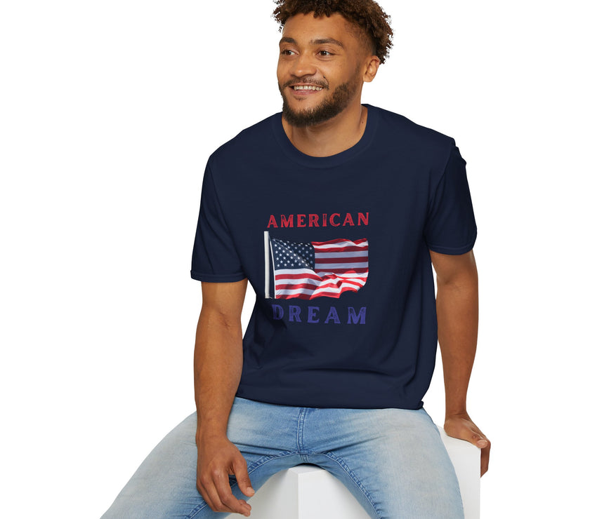 Male wearing T-shirt featuring an American flag graphic with the words 'AMERICAN DREAM' in red and blue text above and below the flag