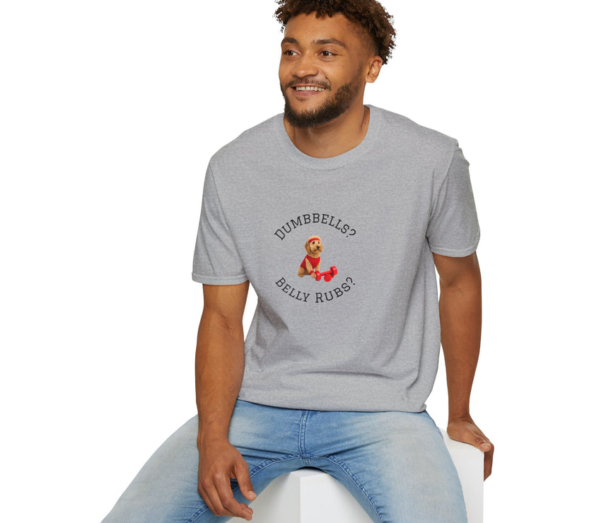 Man wearing a gray t-shirt with a graphic and text, sitting on a white stool against a white background.