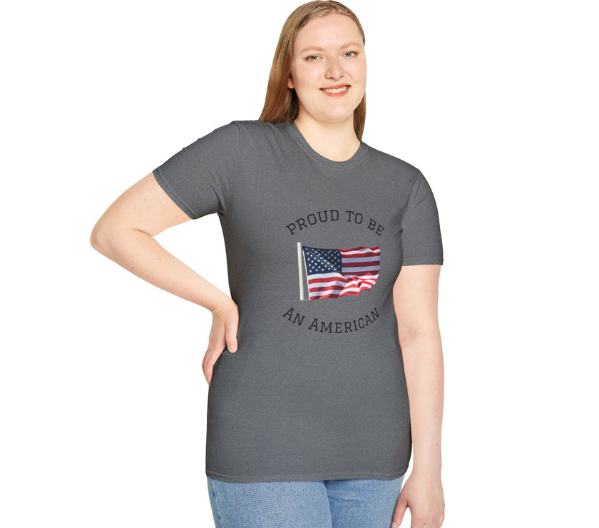 Smiling woman  wearing a white t-shirt with an American flag graphic and the words 'Proud to Be an American' printed around the flag