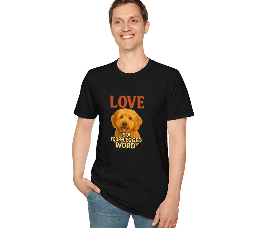 Person wearing a black t-shirt with a dog graphic and text on a white background