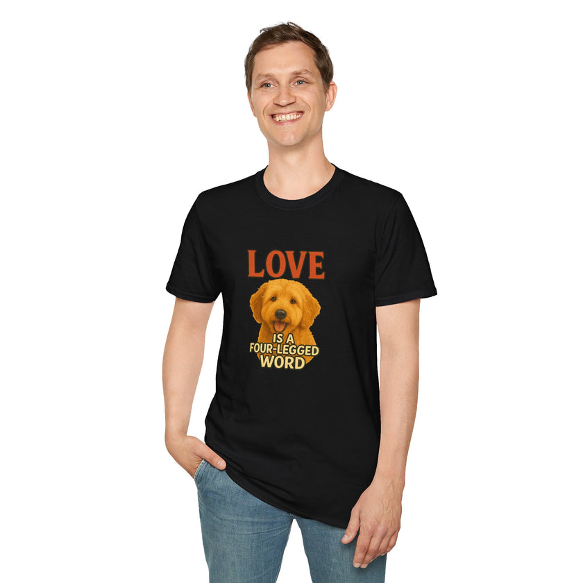 Person wearing a black t-shirt with a dog graphic and text on a white background