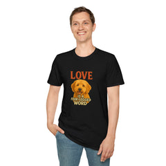 Person wearing a black t-shirt with a dog graphic and text on a white background