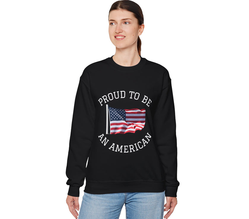 Person wearing a black sweatshirt with 'Proud to be an American' text and American flag design.