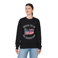 Person wearing a black sweatshirt with 'Proud to be an American' text and American flag design.