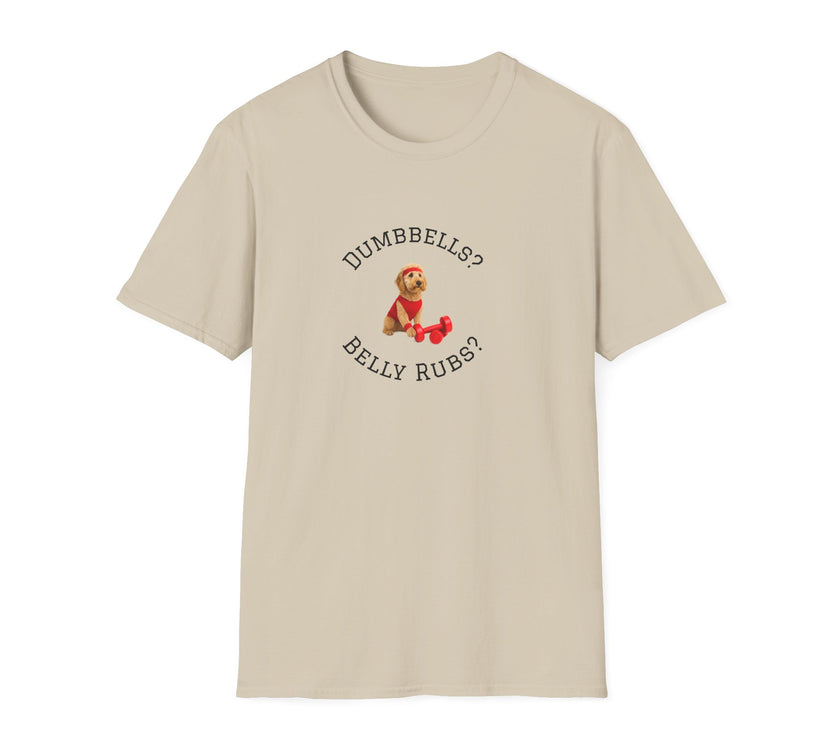 Beige t-shirt with a graphic of a dog and text on a white background