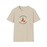 Beige t-shirt with a graphic of a dog and text on a white background