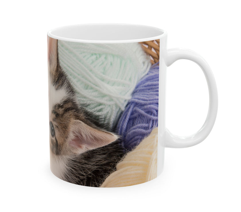 Whiskers & Work Mug –Kitten with Yarn Coffee Cup with message “I work hard so my cat can have a better life.”