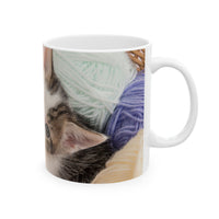 Whiskers & Work Mug –Kitten with Yarn Coffee Cup with message “I work hard so my cat can have a better life.”