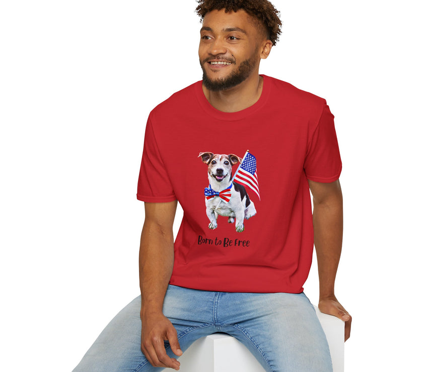 Male wearing T-shirt featuring a cute golden doodle puppy wearing an American flag bow tie and holding a small U.S. flag, with the phrase 'Born to Be Free' printed below the image.