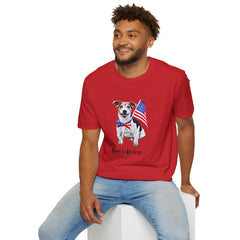 Male wearing T-shirt featuring a cute golden doodle puppy wearing an American flag bow tie and holding a small U.S. flag, with the phrase 'Born to Be Free' printed below the image.