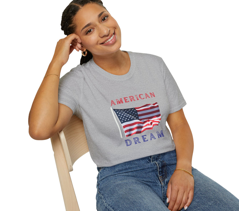 Female wearing T-shirt featuring an American flag graphic with the words 'AMERICAN DREAM' in red and blue text above and below the flag