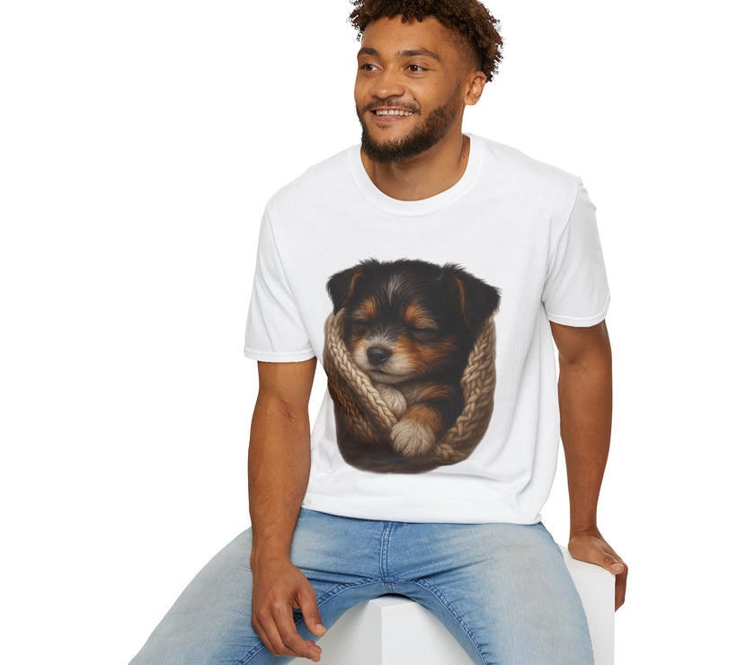 Man wearing a white t-shirt with a graphic of a dog in a knitted pouch on a white background