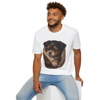 Man wearing a white t-shirt with a graphic of a dog in a knitted pouch on a white background