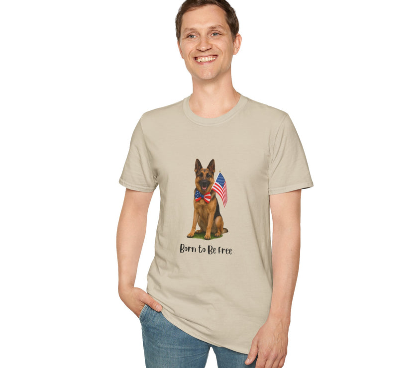 Beige t-shirt featuring a patriotic German Shepherd wearing an American flag bowtie and holding U.S. flags, with the phrase "Born to Be Free" printed below — perfect for dog lovers and patriotic Americans.
