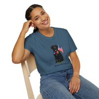Indigo Blue t-shirt featuring a patriotic Black Lab wearing an American flag bowtie and holding U.S. flags, with the Black Labphrase "Born to Be Free" printed below — perfect for dog lovers and patriotic Americans.