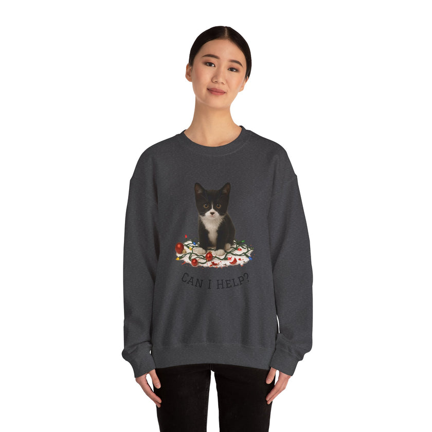 Person wearing a dark gray sweatshirt with a cat graphic and text on a white background