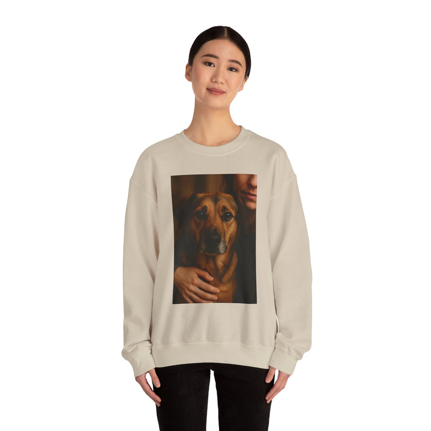 Person wearing a beige sweatshirt with a graphic of a dog being held