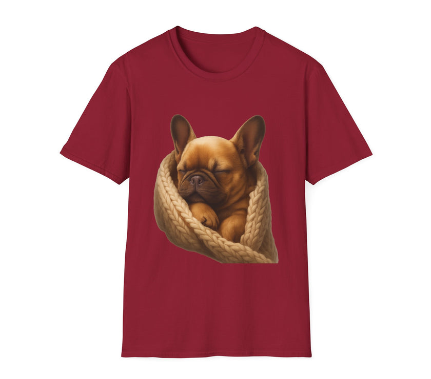 Red t-shirt with a graphic of a sleeping dog in a knitted pouch on a white background