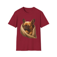 Red t-shirt with a graphic of a sleeping dog in a knitted pouch on a white background