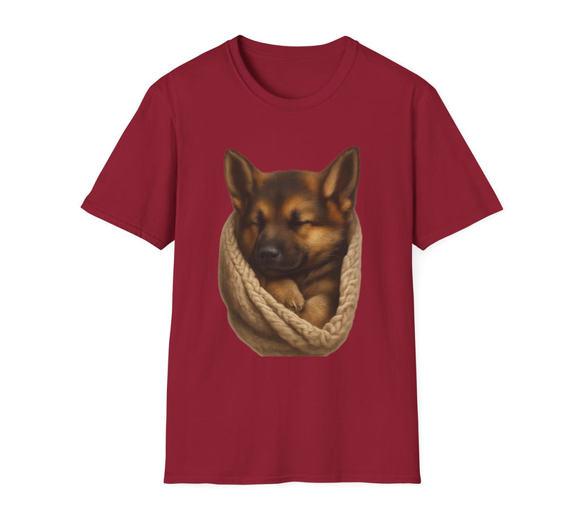 Red t-shirt with a dog and knitted scarf graphic on a white background