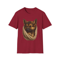 Red t-shirt with a dog and knitted scarf graphic on a white background