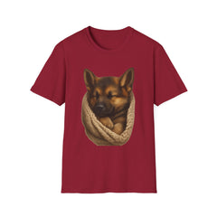 Red t-shirt with a dog and knitted scarf graphic on a white background