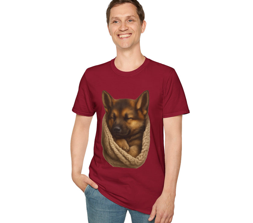 Man wearing a red t-shirt with a dog graphic on a white background