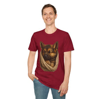 Man wearing a red t-shirt with a dog graphic on a white background