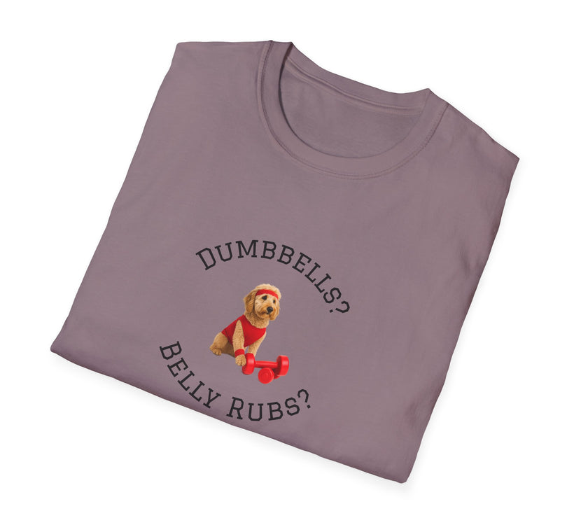 Folded purple t-shirt with a dog graphic and text on a white background