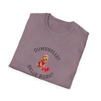 Folded purple t-shirt with a dog graphic and text on a white background
