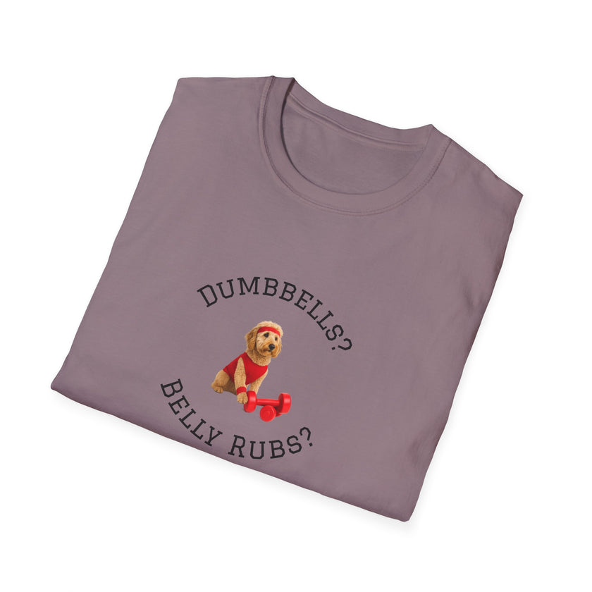 Folded purple t-shirt with a dog graphic and text on a white background