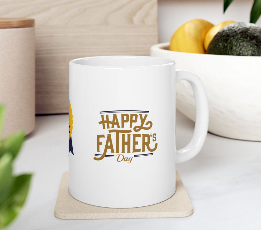 White ceramic mug featuring a #1 Dad ribbon and Happy Father’s Day message, ideal gift for Father’s Day celebrations."