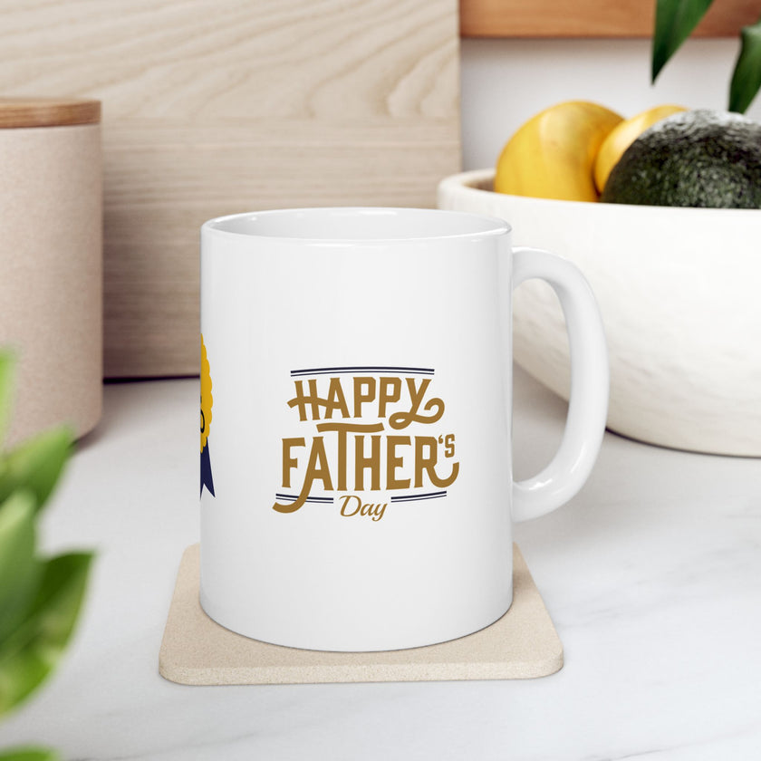 White ceramic mug featuring a #1 Dad ribbon and Happy Father’s Day message, ideal gift for Father’s Day celebrations."