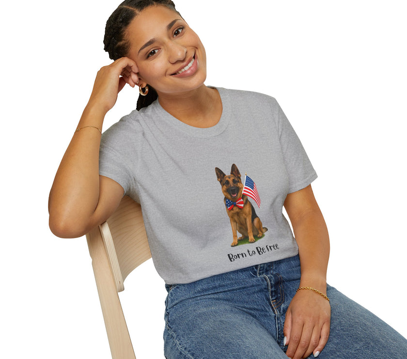 Sport Grey t-shirt featuring a patriotic German Shepherd wearing an American flag bowtie and holding U.S. flags, with the phrase "Born to Be Free" printed below — perfect for dog lovers and patriotic Americans.