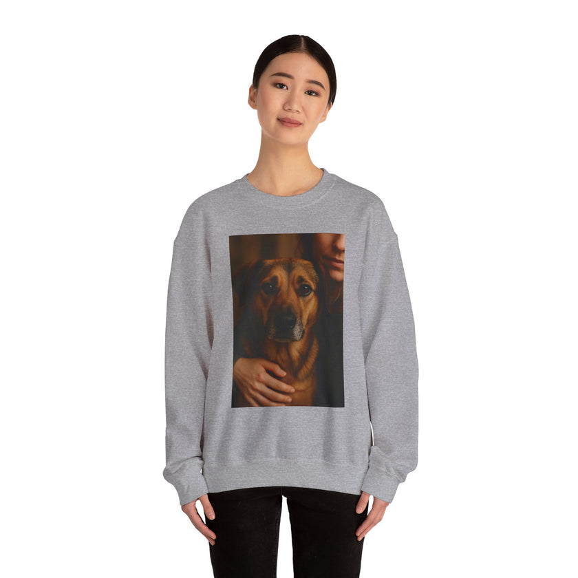 Person wearing a gray sweatshirt with a dog graphic on a white background