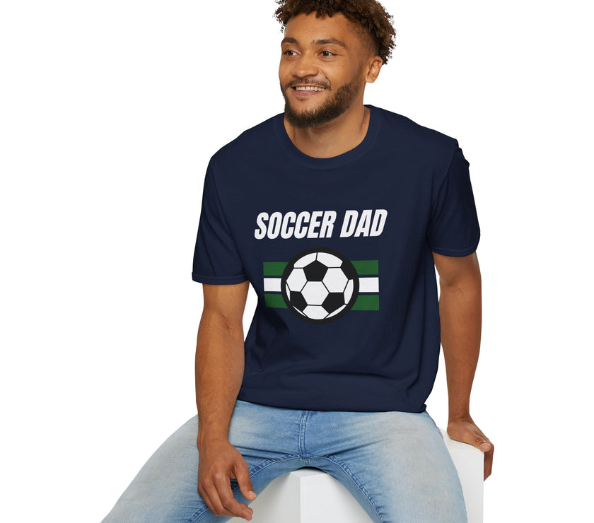 Man wearing a navy blue t-shirt with 'Soccer Dad' text and a soccer ball graphic on a white background