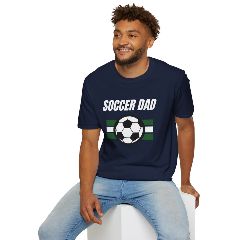 Man wearing a navy blue t-shirt with 'Soccer Dad' text and a soccer ball graphic on a white background
