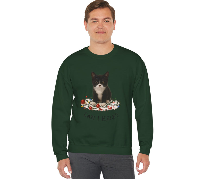 Man wearing a green sweatshirt with a cat graphic and text on a white background