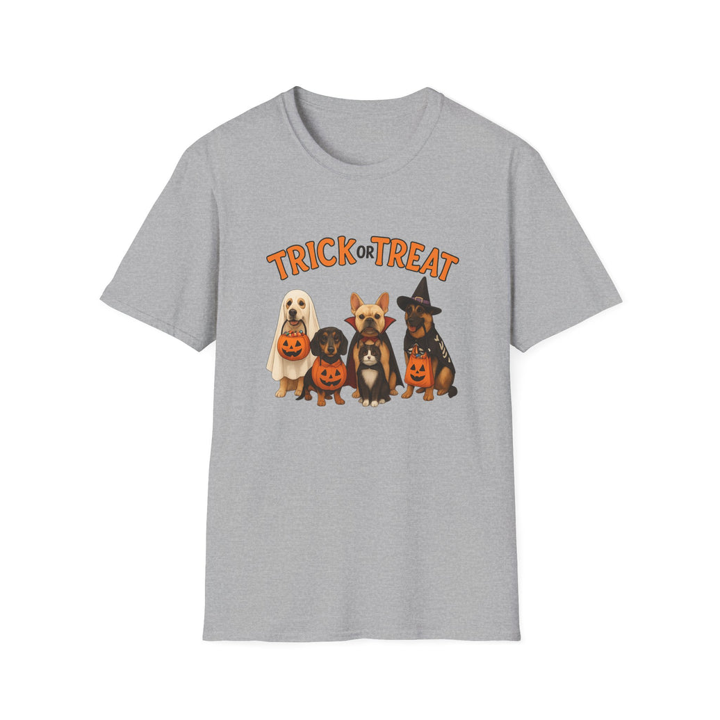 Gray t-shirt with Halloween-themed design of dogs and 'Trick or Treat' text on a white background