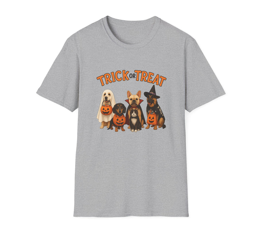 Gray t-shirt with Halloween-themed design of dogs and 'Trick or Treat' text on a white background