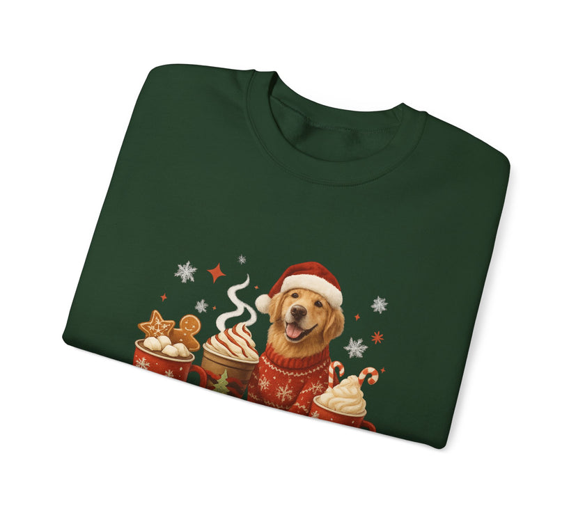 Folded green sweatshirt with a Christmas-themed design featuring a dog in a sweater and Santa hat.
