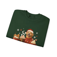 Folded green sweatshirt with a Christmas-themed design featuring a dog in a sweater and Santa hat.