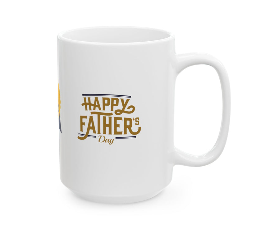 White ceramic mug featuring a #1 Dad ribbon and Happy Father’s Day message, ideal gift for Father’s Day celebrations."