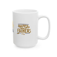 White ceramic mug featuring a #1 Dad ribbon and Happy Father’s Day message, ideal gift for Father’s Day celebrations."