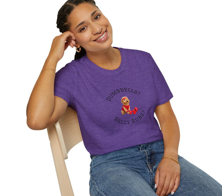 Person wearing a purple t-shirt with a graphic design sitting on a chair.