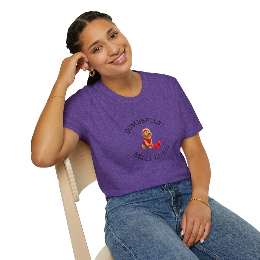 Person wearing a purple t-shirt with a graphic design sitting on a chair.