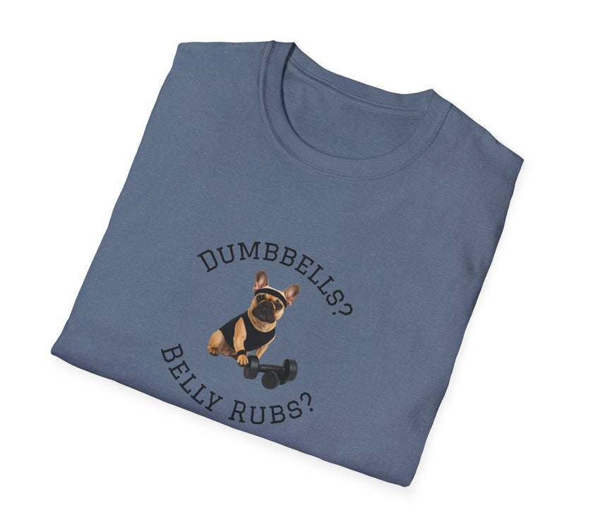 Folded blue t-shirt with a dog graphic and text on a white background