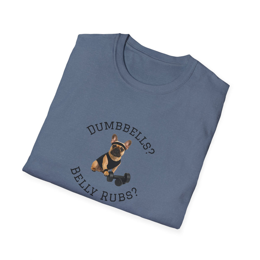 Folded blue t-shirt with a dog graphic and text on a white background