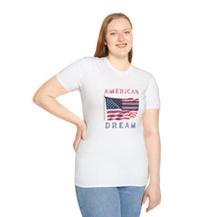 Female wearing T-shirt featuring an American flag graphic with the words 'AMERICAN DREAM' in red and blue text above and below the flag